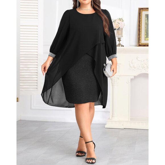 Plus Size Cocktail Dress Chiffon Cape Glitter Evening Party Wedding Guest - Picture 2 of 5